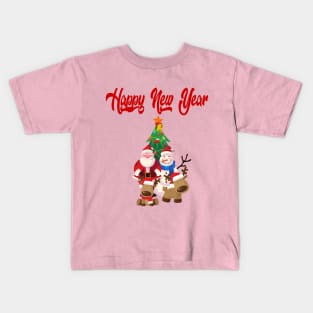 new year illustration with Santa Claus, snowman and reindeer Kids T-Shirt